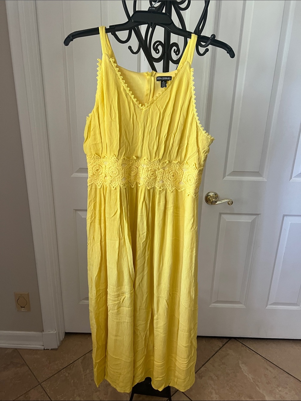 Nina Leonard Bright Yellow Crochet-Waist Maxi Dress